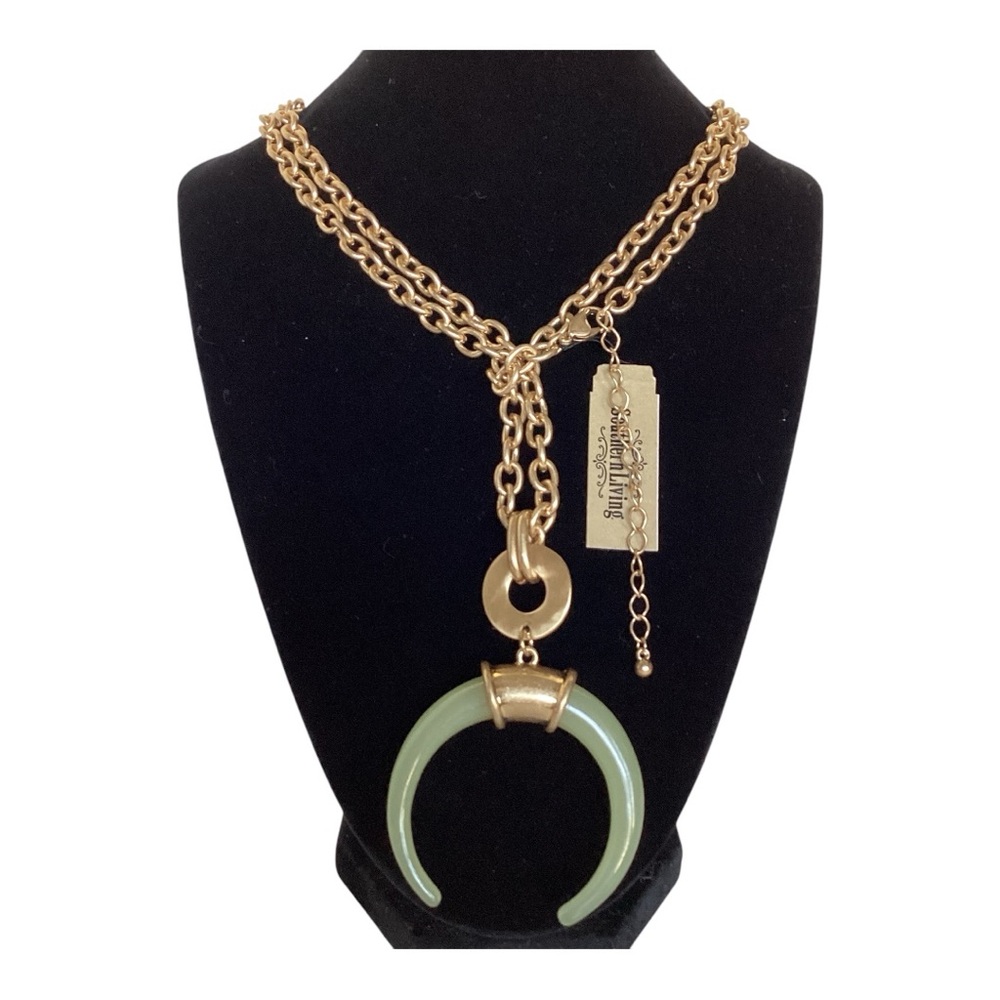 Southern Living Necklace Brushed Gold Tone Faux Jade Green Crescent Moon Pendant